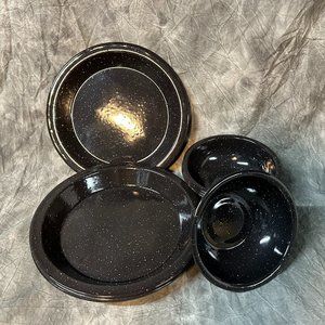 Set of 4 Black Enamelware Plates and Bowls